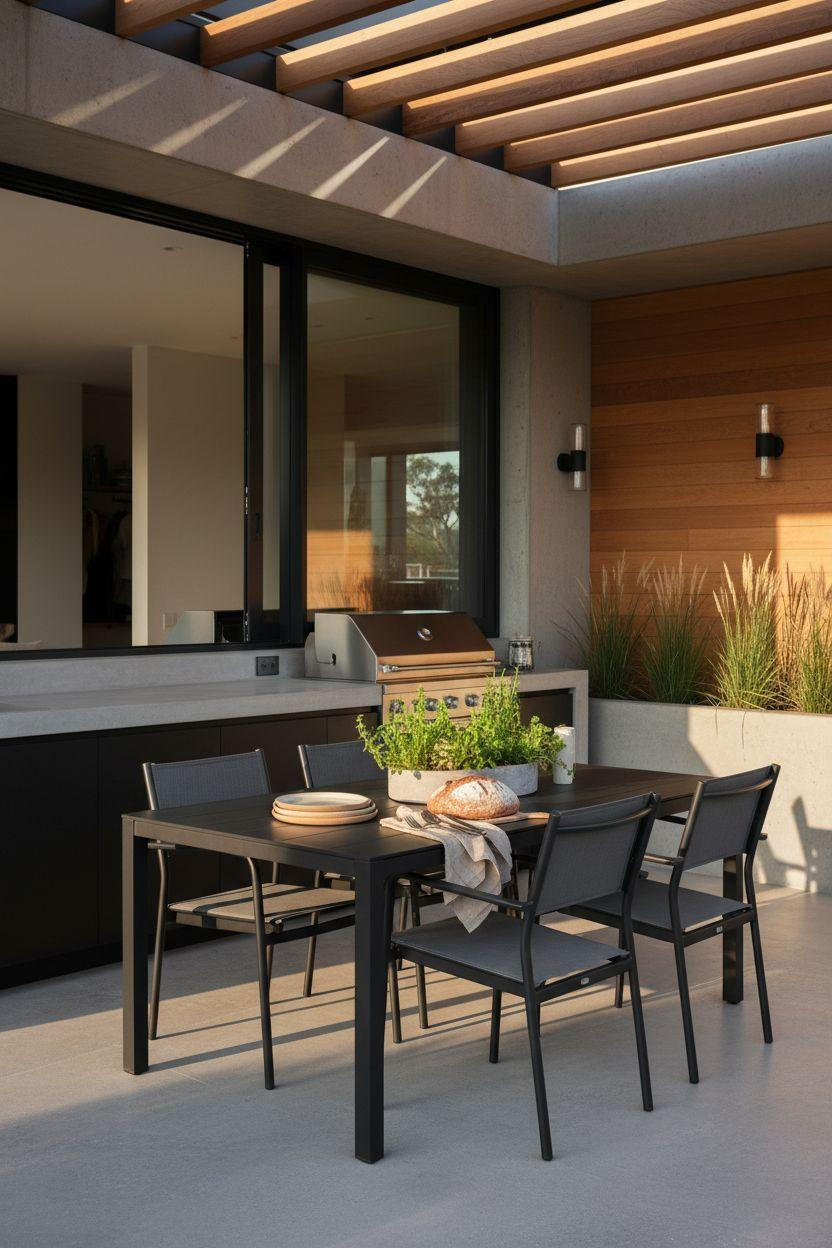 Bloxburg backyard ideas - sleek modern patio with concrete and teak