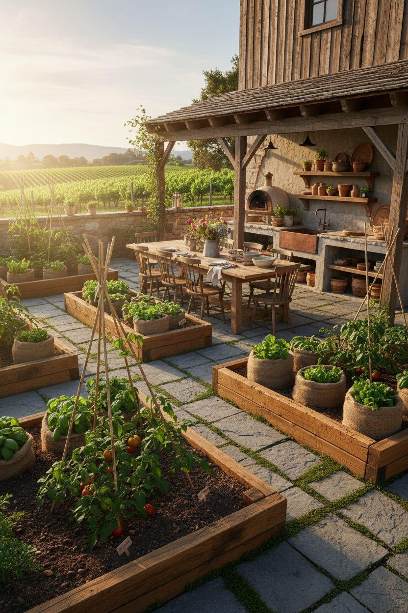 Bloxburg backyard ideas - rustic farm garden with reclaimed wood beds