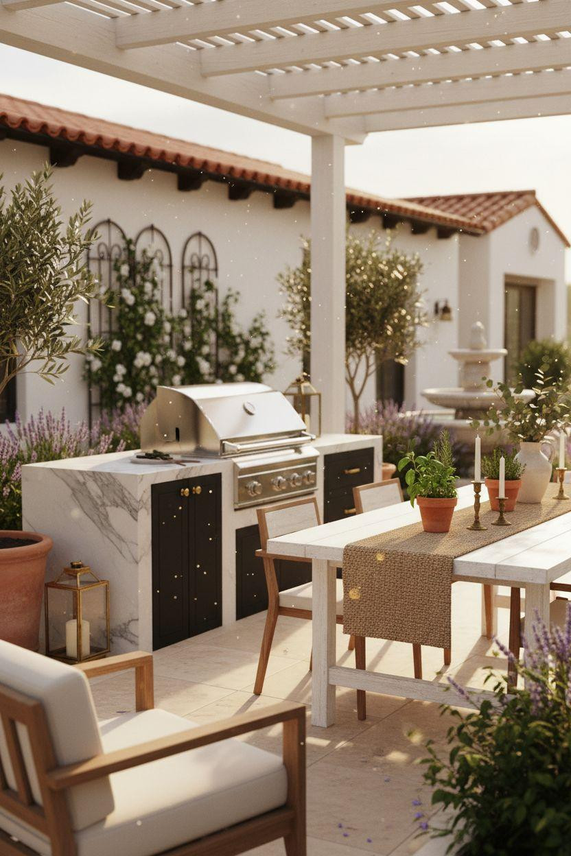 Bloxburg backyard ideas - luxury patio with marble counters and fountain