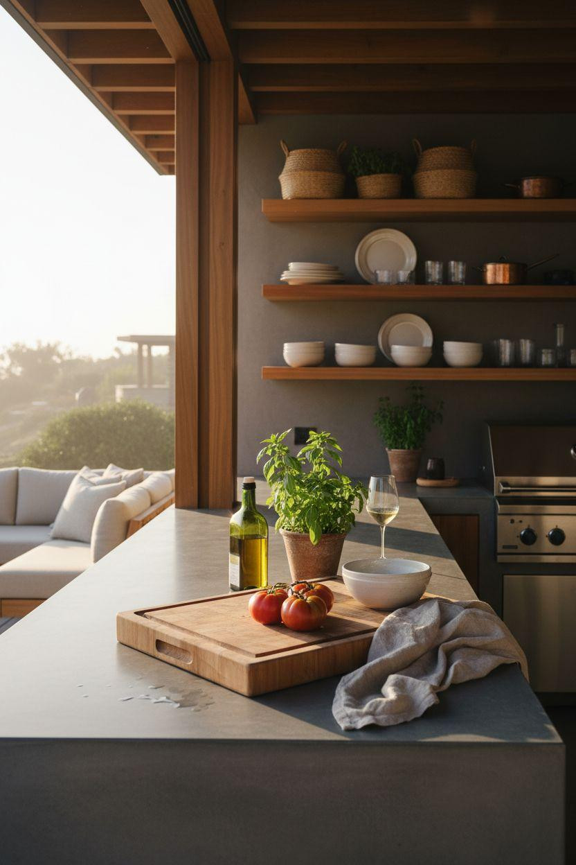 Bloxburg backyard ideas - modern kitchen with open shelving display