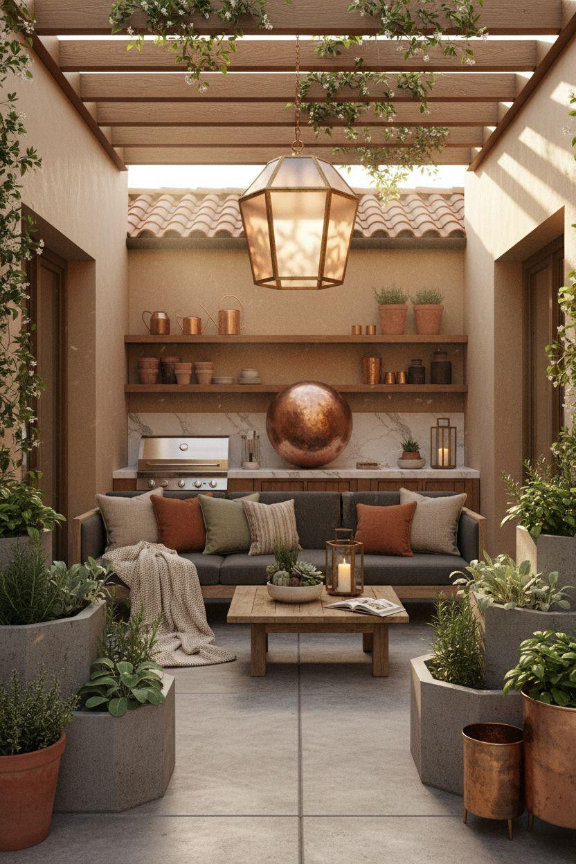 Bloxburg backyard ideas - playful courtyard with geometric planters