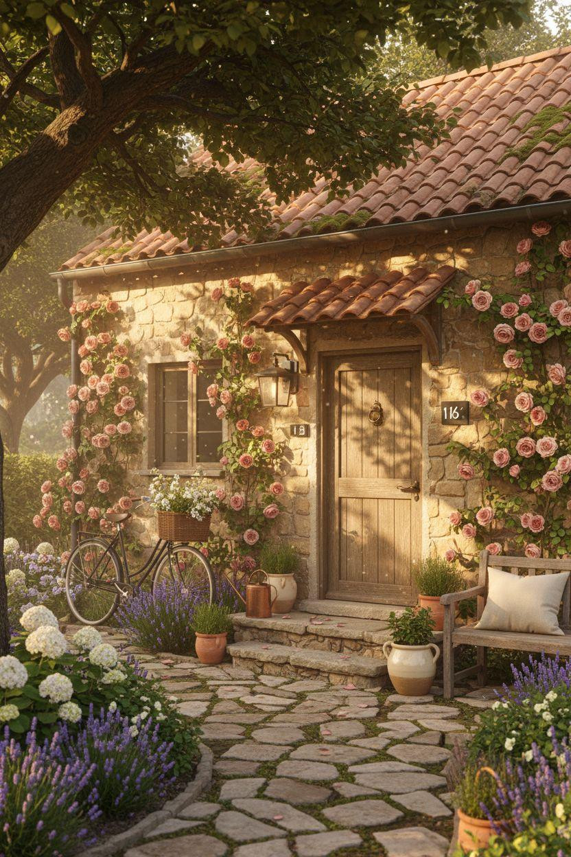 Bloxburg Cottage front entrance with roses