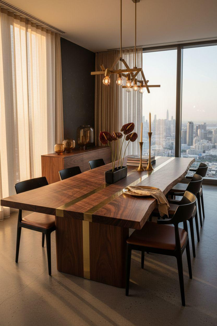 Bloxburg Dining Room with live edge walnut table and brass inlay strips