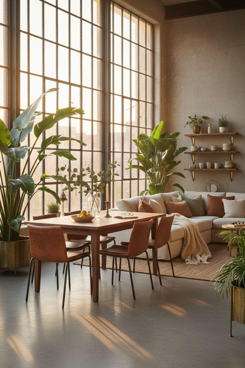 Bloxburg Dining Room with tropical plants and natural walnut dining table