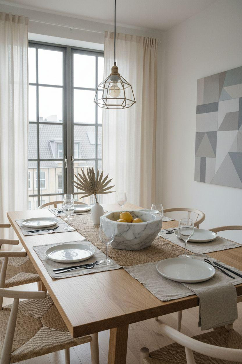 Bloxburg Dining Room with carved marble bowl and white oak furniture