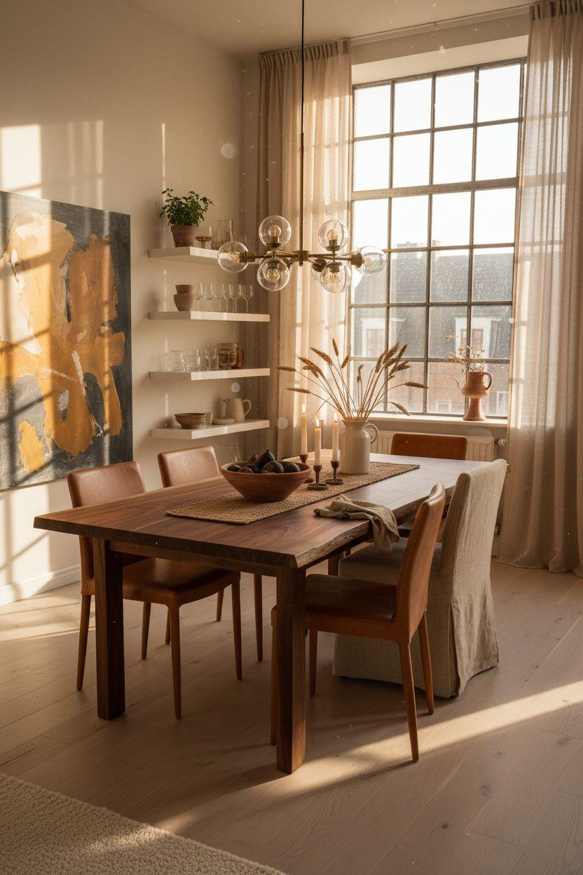 Bloxburg Dining Room featuring warm walnut table and cognac leather chairs