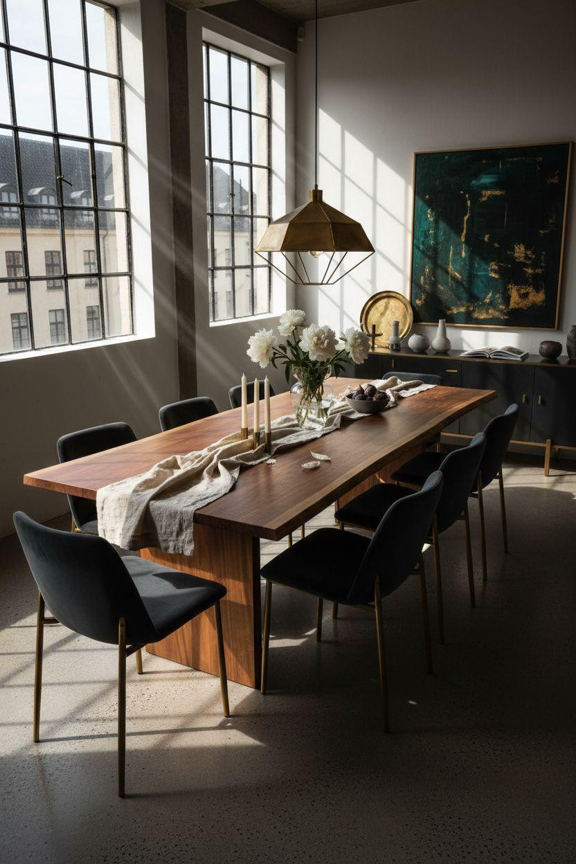 Bloxburg Dining Room with dramatic lighting and brass pendant fixture