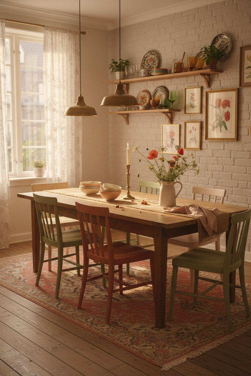 Bloxburg Dining Room with distressed pine table and colorful vintage chairs