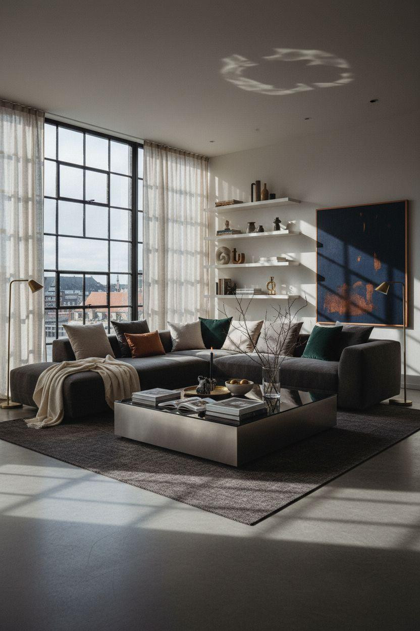 Bloxburg Dining Room with charcoal bouclé sectional and mixed metal accents