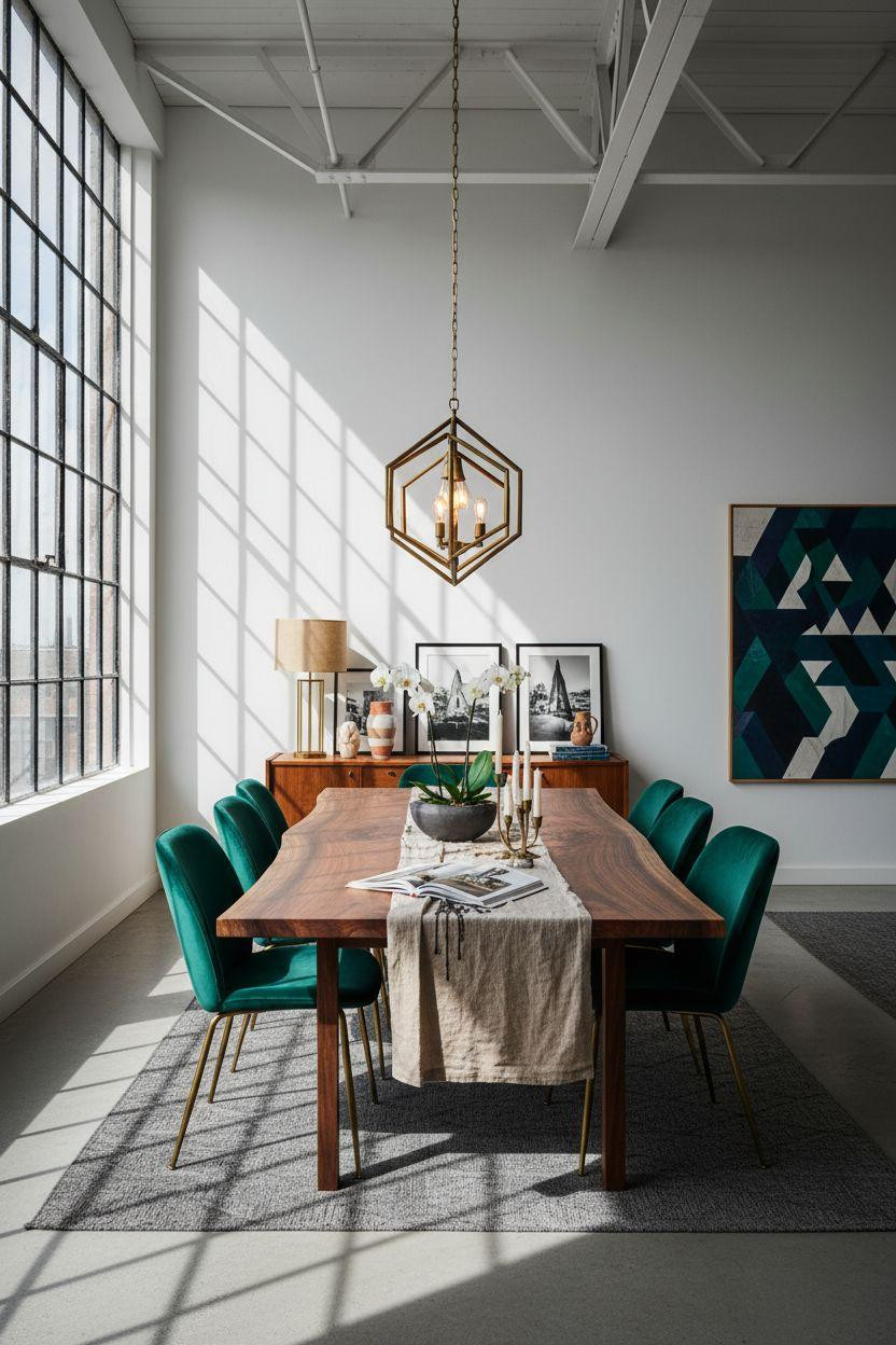 Bloxburg Dining Room featuring angular brass chandelier and live edge walnut