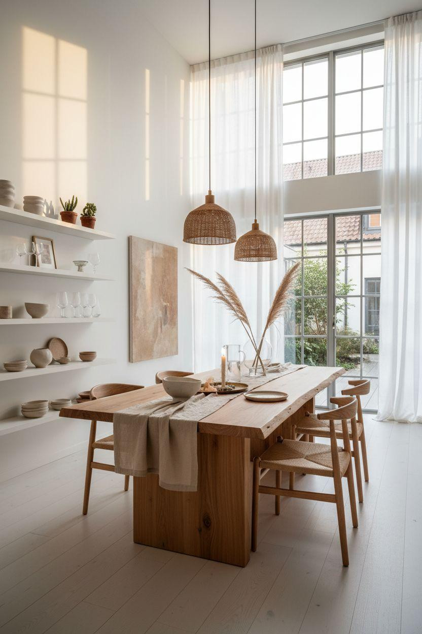 Bloxburg Dining Room with white oak table and open shelving display