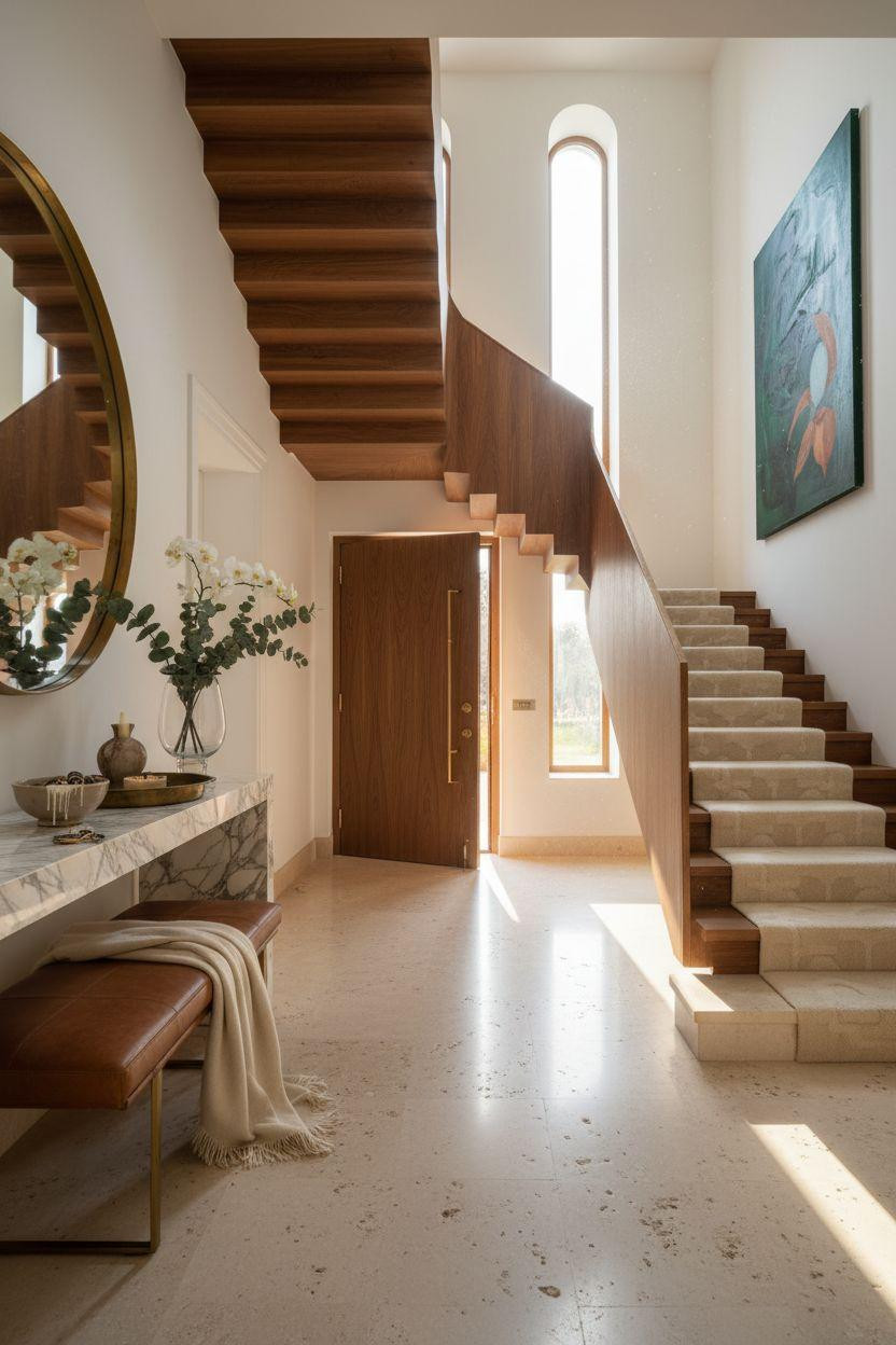 Bloxburg Entrance Ideas - grand foyer with walnut pivot door