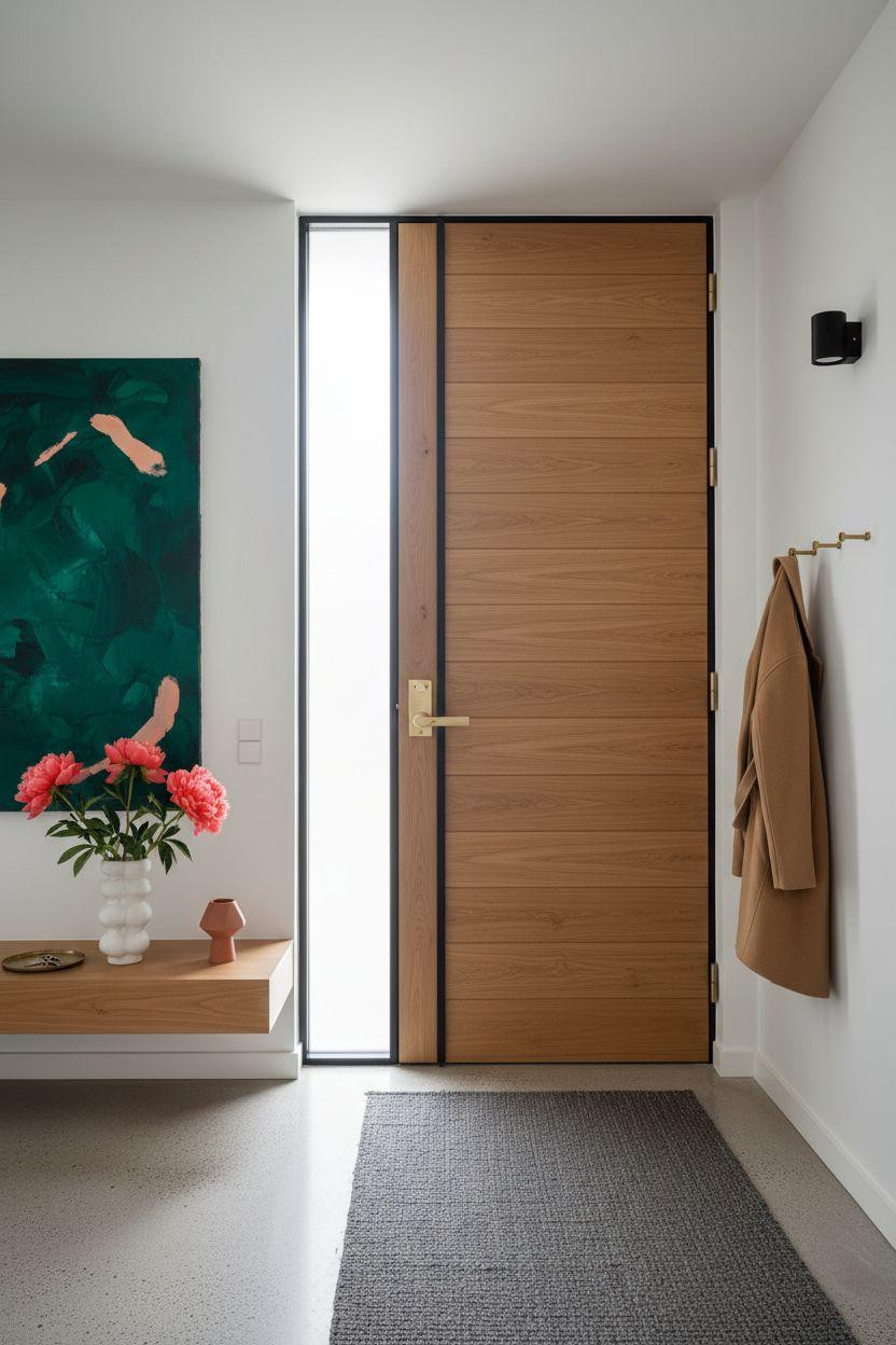 Bloxburg Entrance Ideas - minimalist modern entryway with white oak door