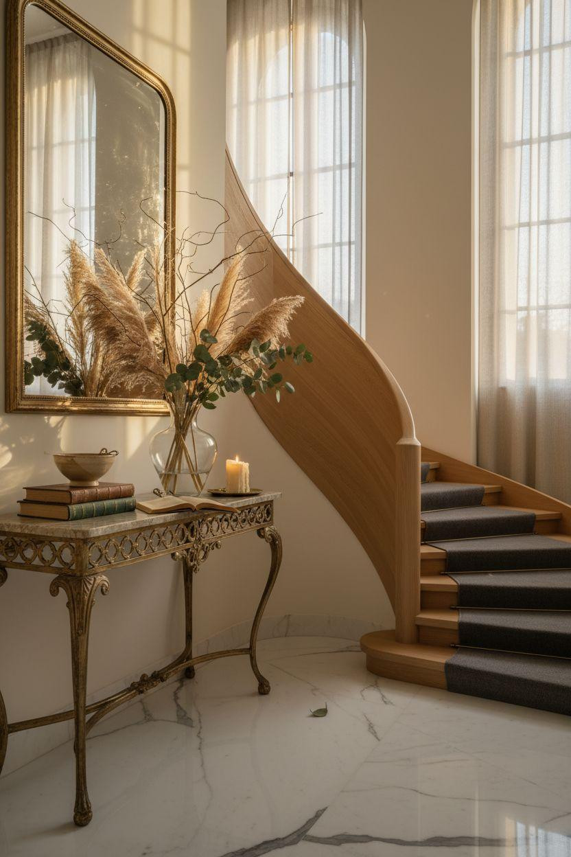 Bloxburg Entrance Ideas - European estate foyer with curved white oak staircase
