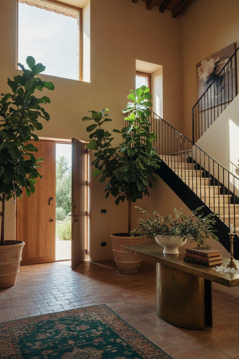 Bloxburg Entrance Ideas - Tuscan villa entrance with terracotta tiles and walnut door