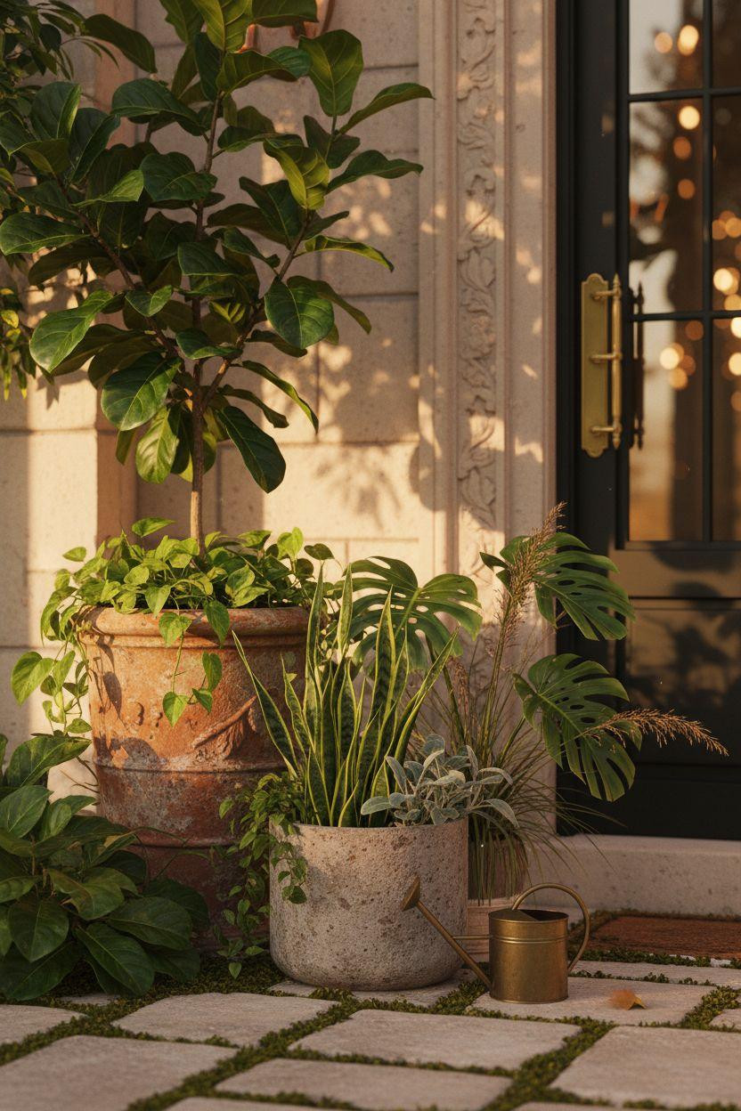 Bloxburg Entrance Ideas - Mediterranean house exterior with cascading plants