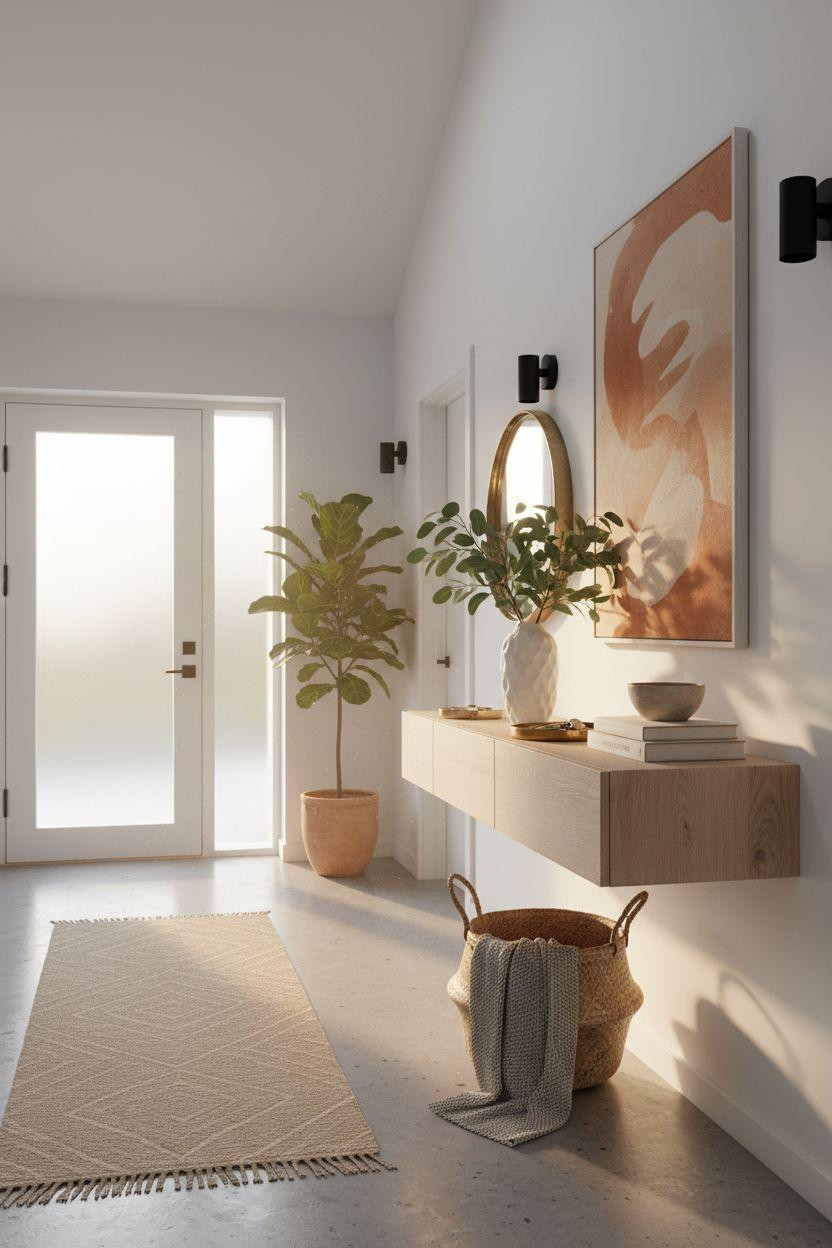 Bloxburg Entrance Ideas - minimalist hallway with polished concrete and white oak