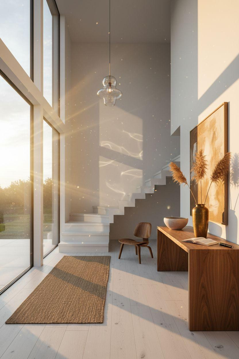 Bloxburg Entrance Ideas - minimalist Scandinavian foyer with floating staircase