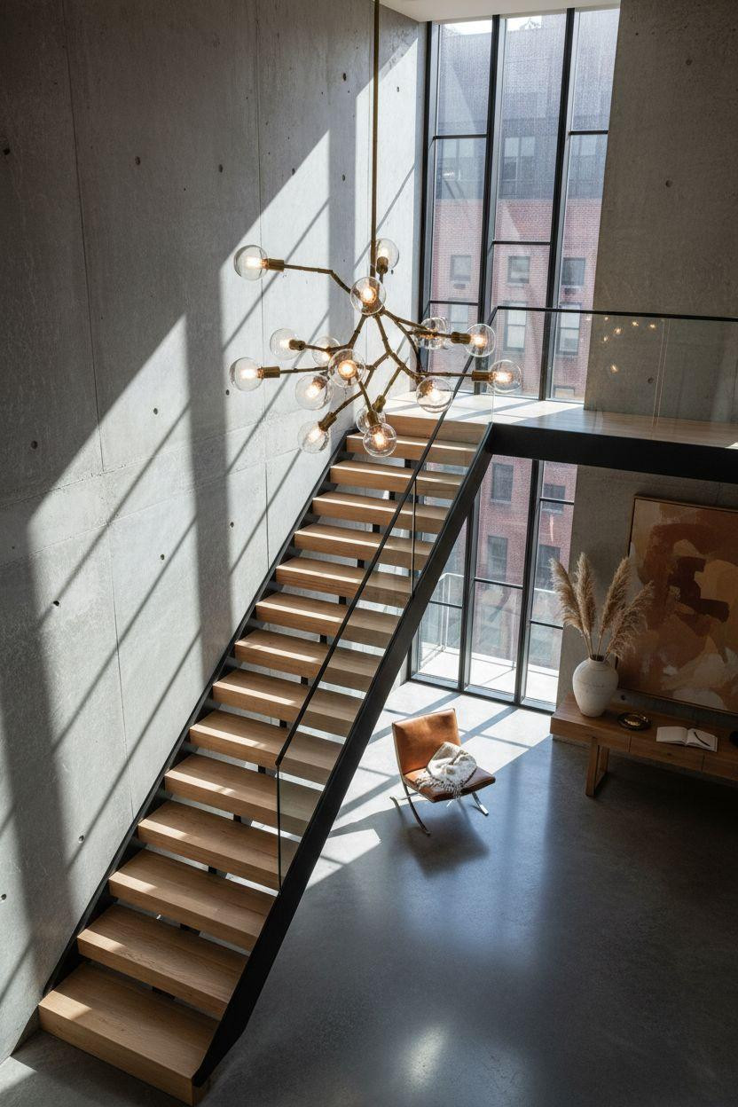 Bloxburg Entrance Ideas - dramatic floating staircase with sculptural brass chandelier