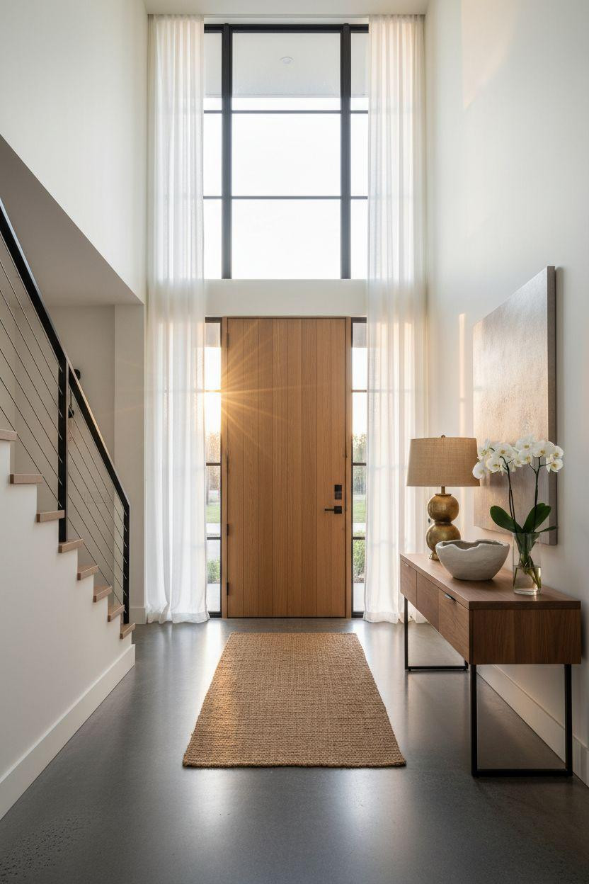 Bloxburg Entrance Ideas - modern Scandinavian grand entrance with glass door