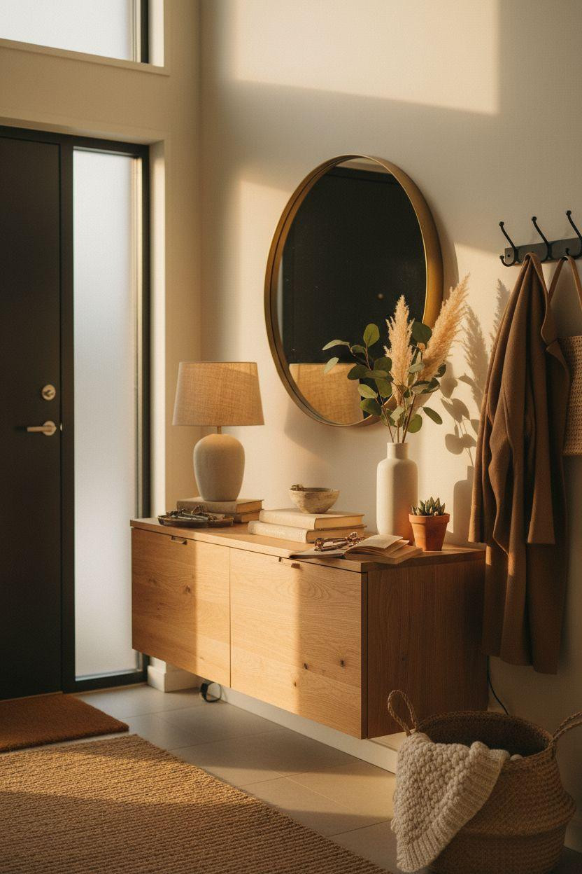 Bloxburg Entrance Ideas - cozy Scandinavian entryway with white oak console