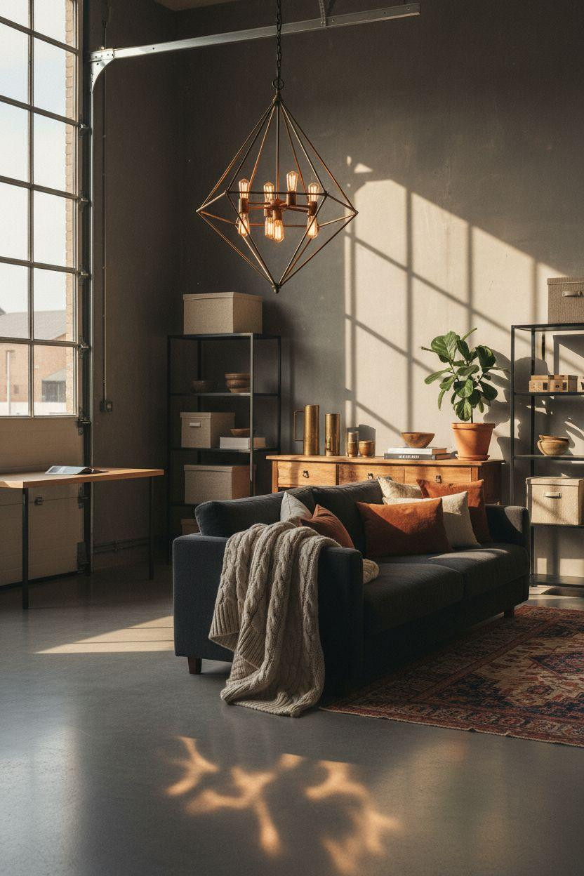 Bloxburg Garage Ideas - eclectic garage with charcoal bouclé sofa and geometric brass pendant