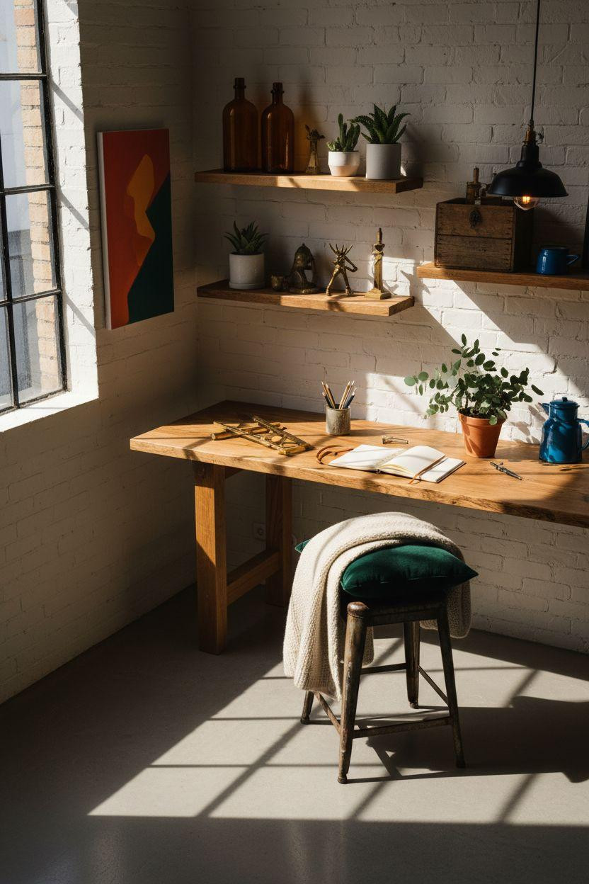 Bloxburg Garage Ideas - workshop corner with reclaimed oak and emerald velvet accents
