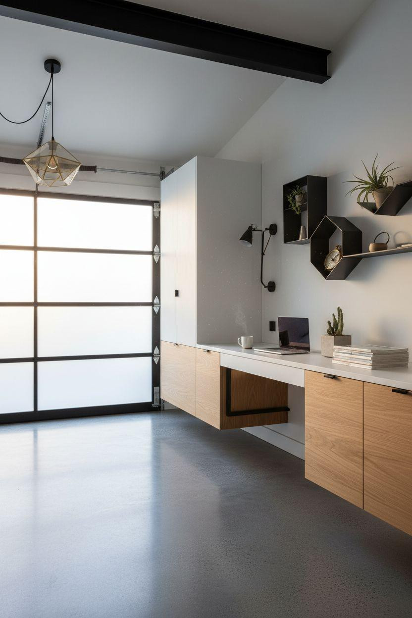 Bloxburg Garage Ideas - Scandinavian garage with frosted glass and geometric shelving