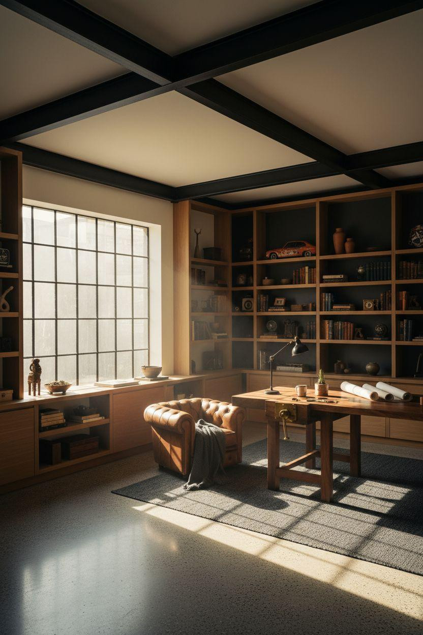 Bloxburg Garage Ideas - industrial loft with black steel beams and cognac leather armchair