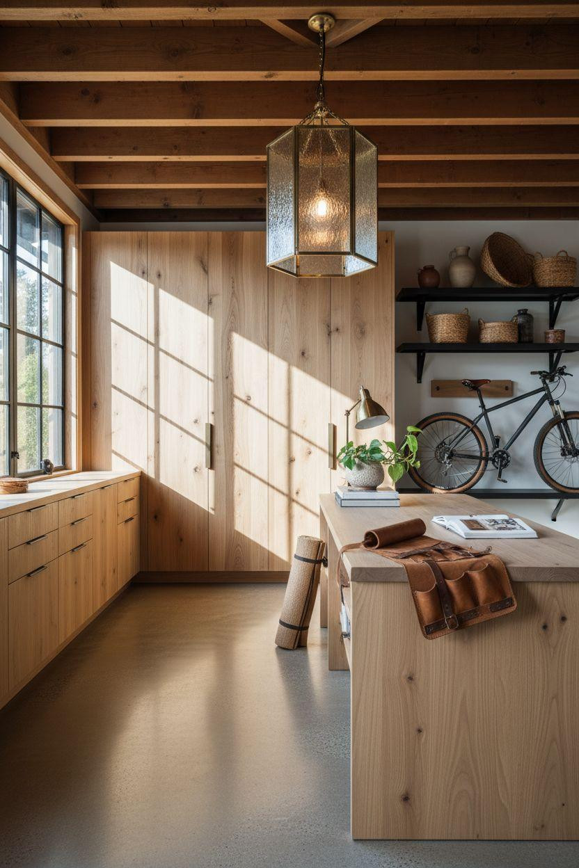 Bloxburg Garage Ideas - craftsman garage with exposed timber beams and white oak cabinetry