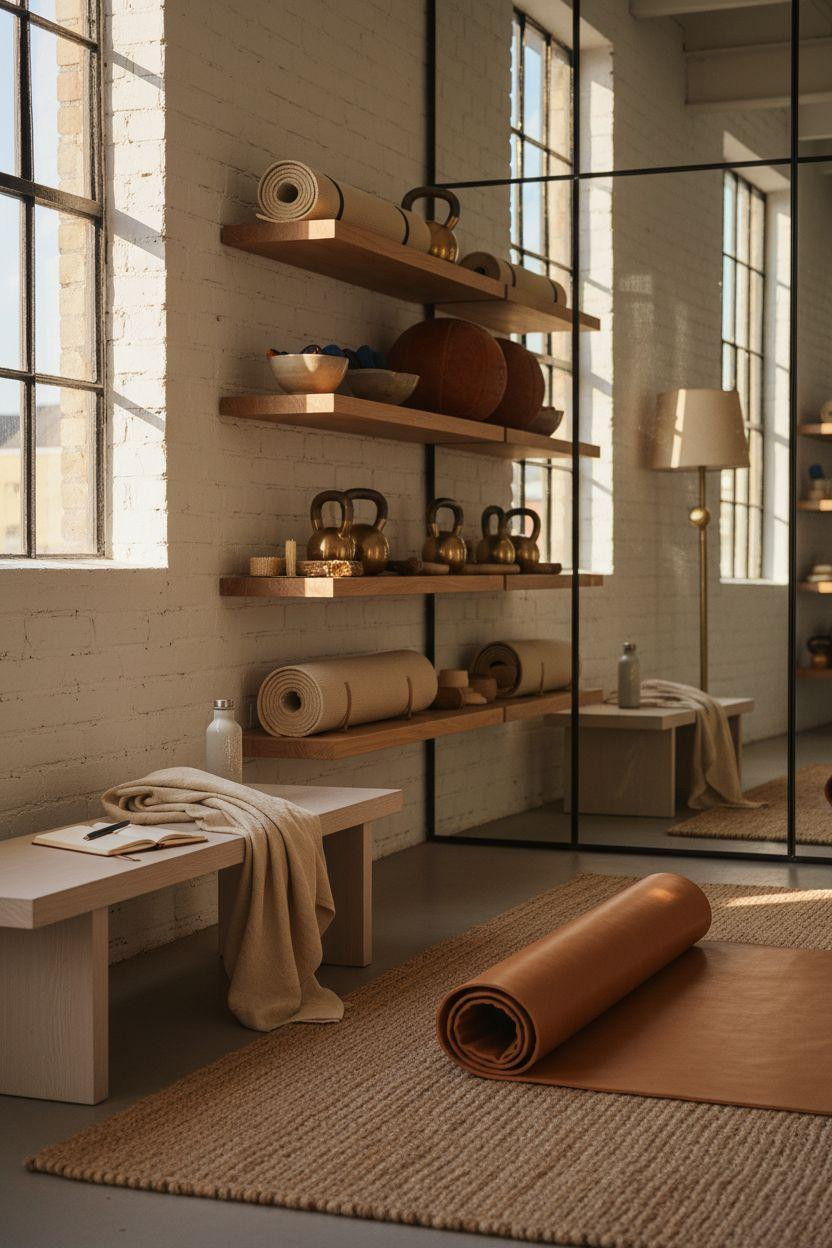 Bloxburg Garage Ideas - converted gym studio with aged brass kettlebells and white oak shelves
