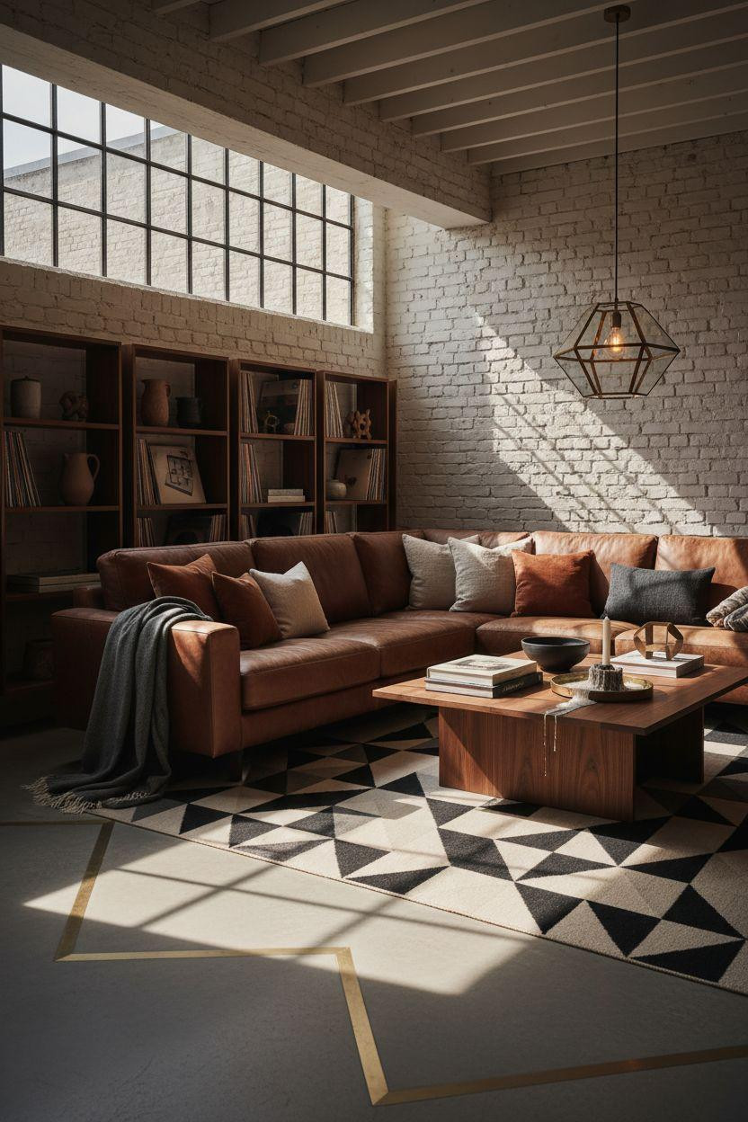 Bloxburg Garage Ideas - basement space with geometric brass floor patterns and cognac leather sectional