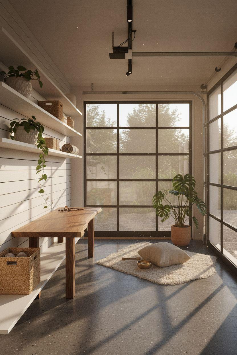 Bloxburg Garage Ideas - Scandinavian garage with white oak shelving and meditation corner