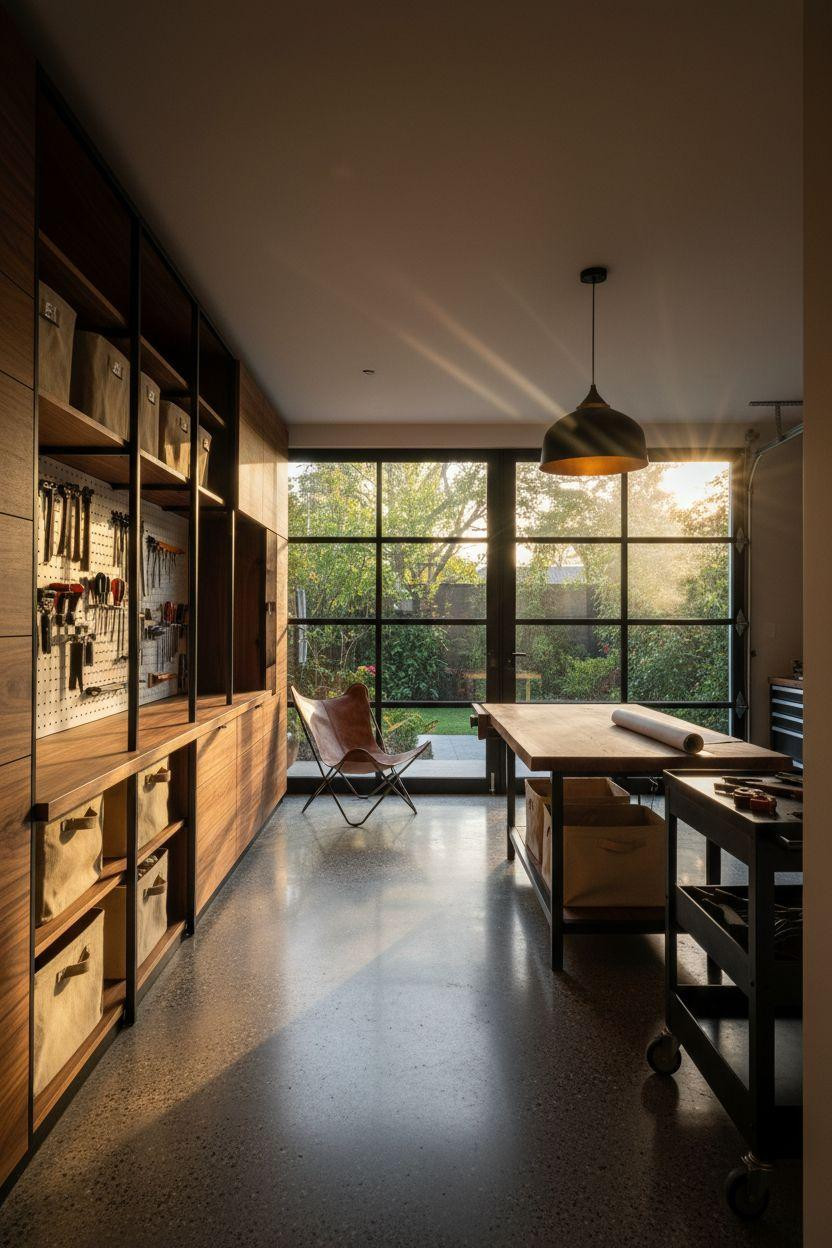 Bloxburg Garage Ideas - modern workshop with polished concrete and walnut storage