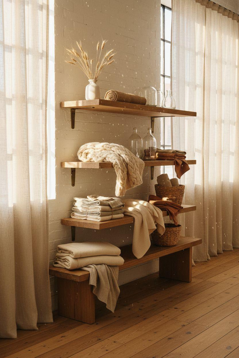 Bloxburg Garage Ideas - retail display with reclaimed oak shelves and cream cable knit throws