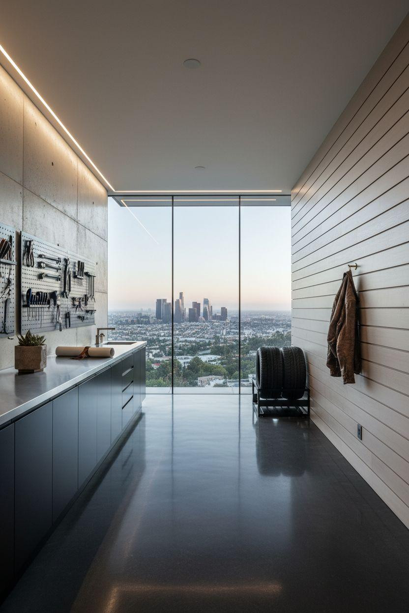 Bloxburg Garage Ideas - luxury garage with glossy epoxy floor and white oak slat wall