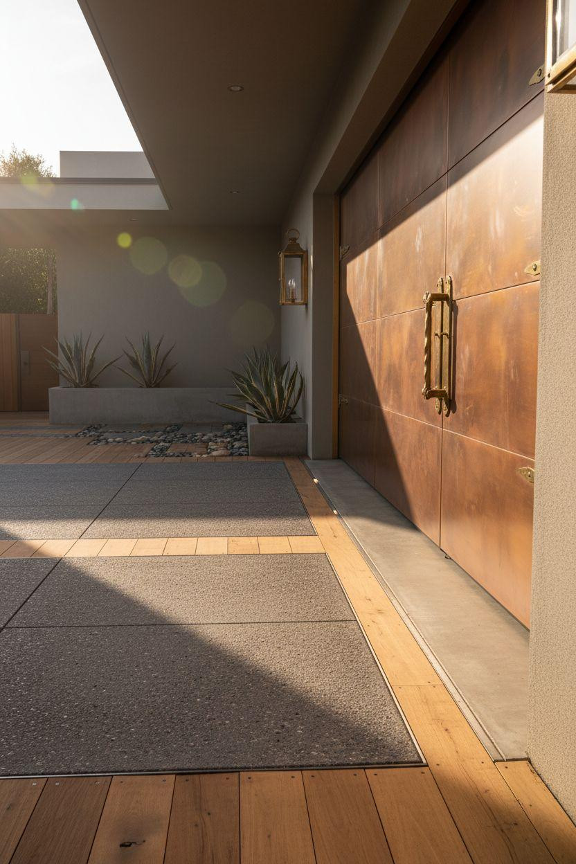 Bloxburg Garage Ideas - driveway with charcoal pavers and unlacquered copper garage door