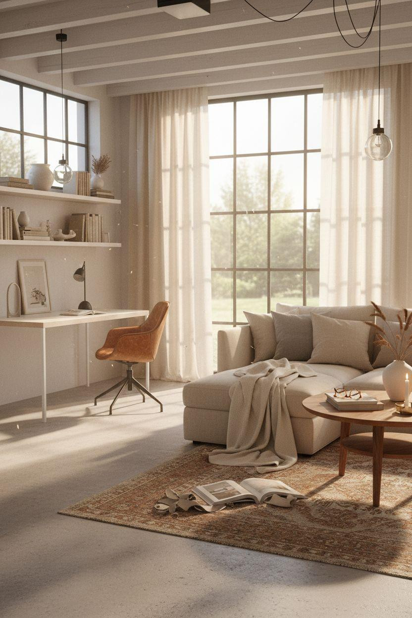 Bloxburg Garage Ideas - garage office with linen sectional and floating white oak desk