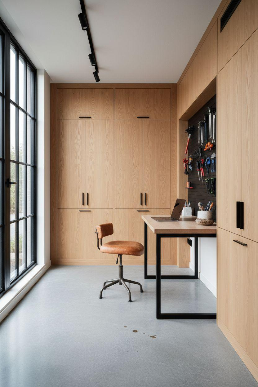 Bloxburg Garage Ideas - organized workspace with white oak cabinets and matte black pegboard