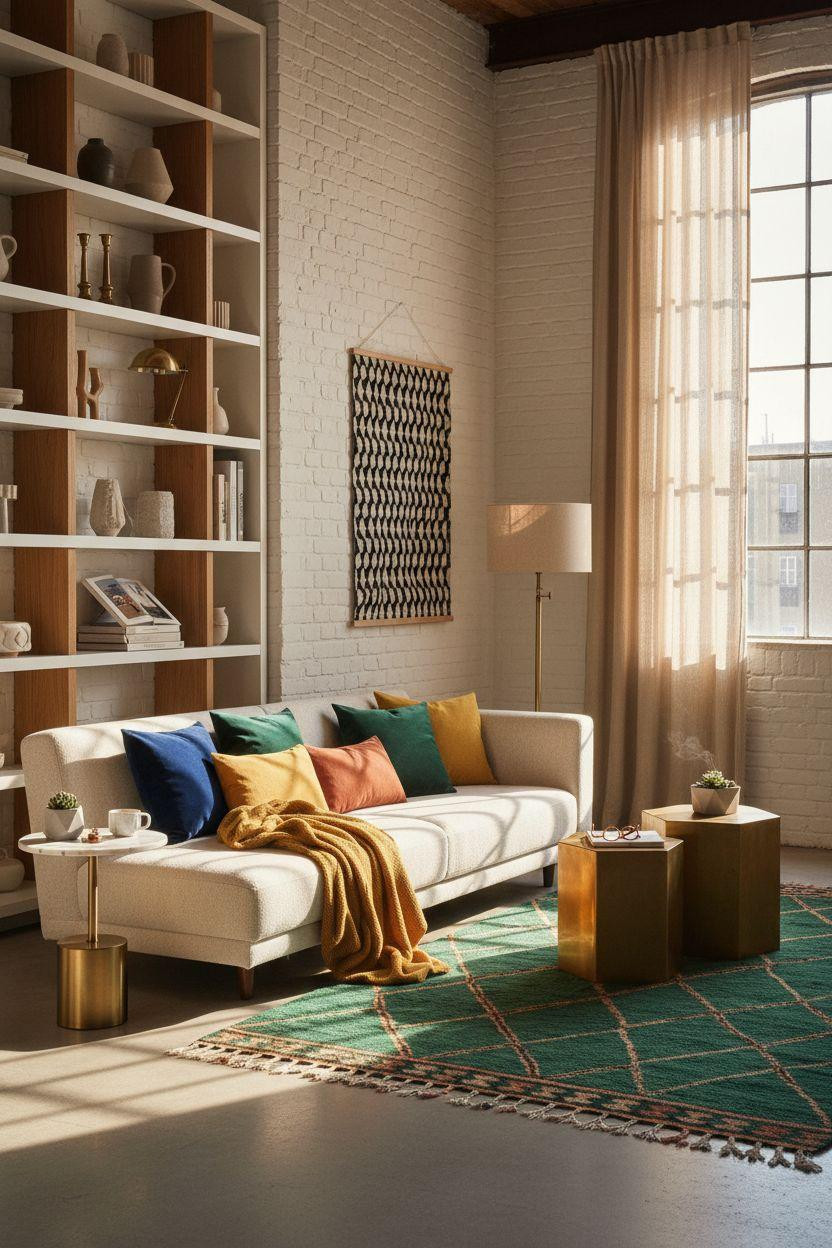 Bloxburg Garage Ideas - extra room with emerald rug and vibrant jewel tone cushions