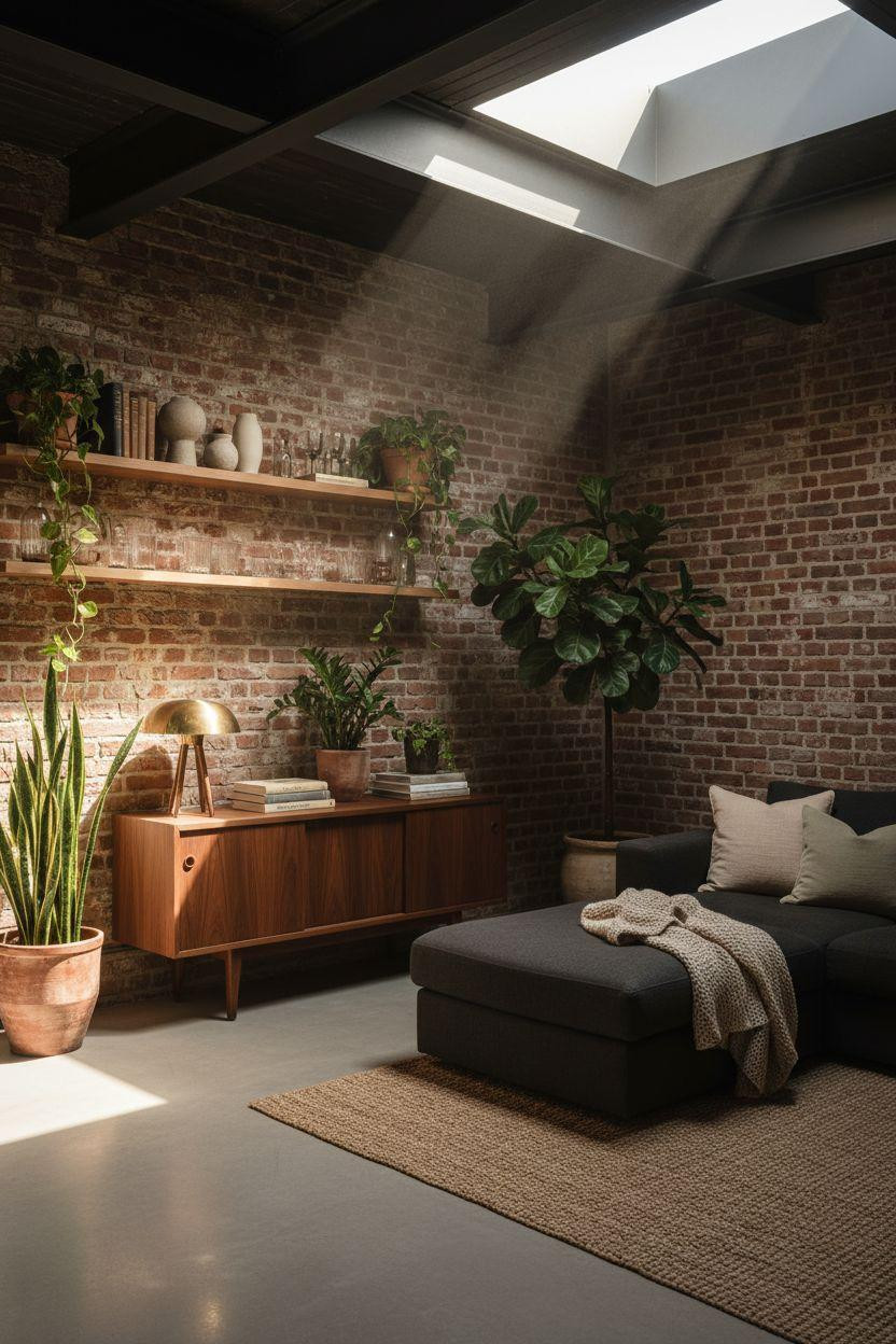 Bloxburg Garage Ideas - basement space with exposed brick and white oak built-ins