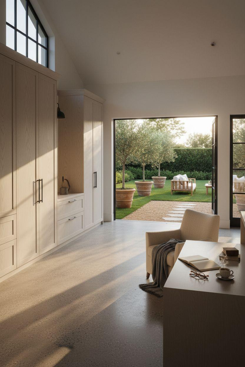 Bloxburg Garage Ideas - Hamptons garage with white oak storage and manicured yard view