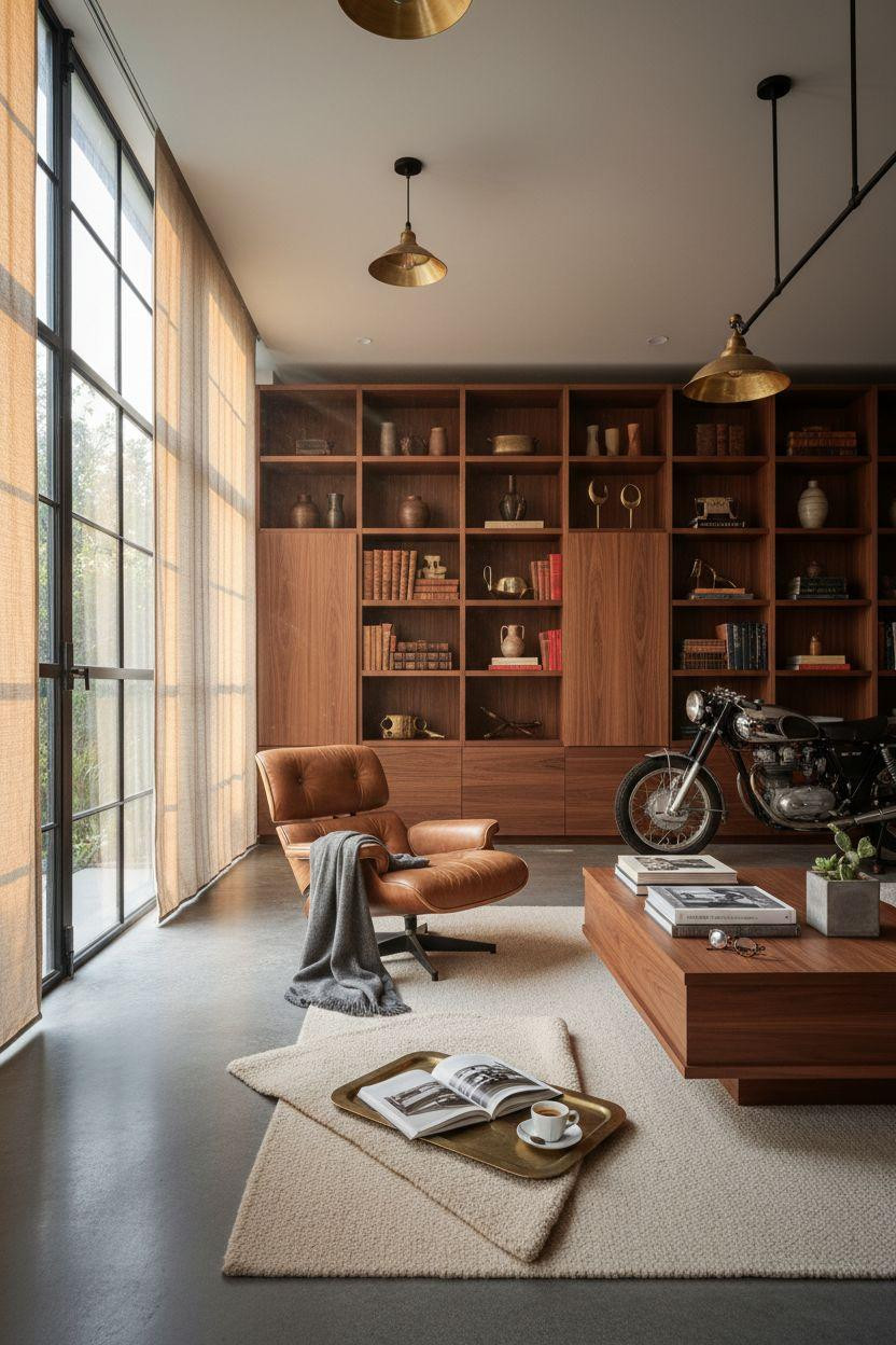 Bloxburg Garage Ideas - luxury garage with cathedral grain walnut wall and cognac Barcelona chair
