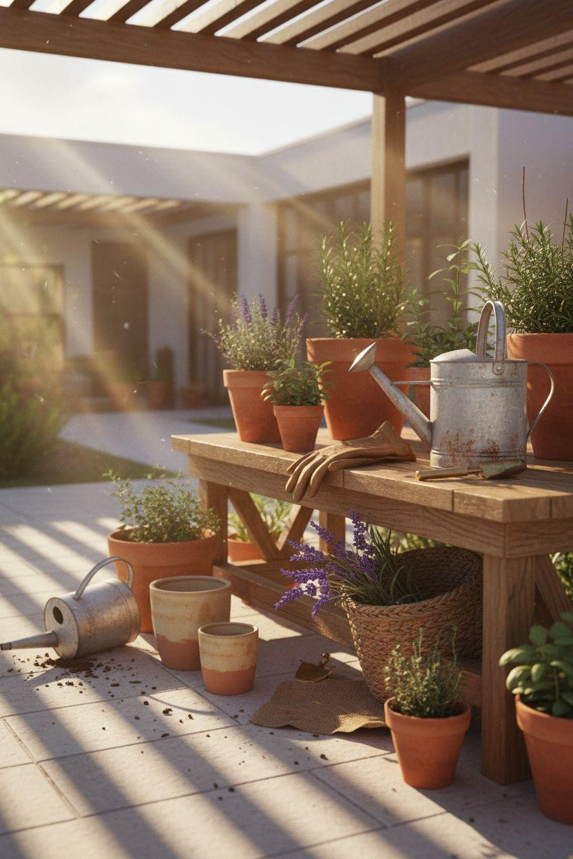 Bloxburg laundry room with minimalist Scandinavian garden workbench and herb planters