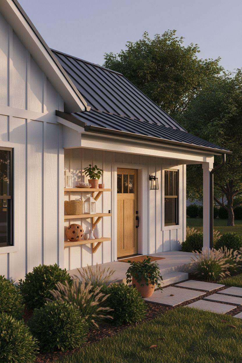 Bloxburg laundry room exterior view with modern farmhouse board and batten details