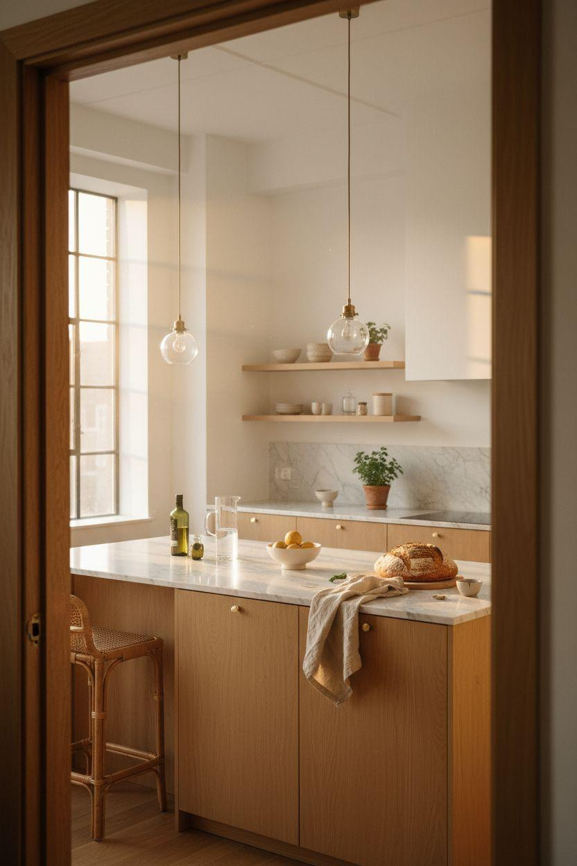 Bloxburg Kitchen Ideas - open loft kitchen through doorway frame