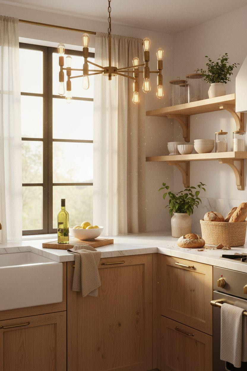 Bloxburg Kitchen Ideas - cottage kitchen with dramatic brass chandelier