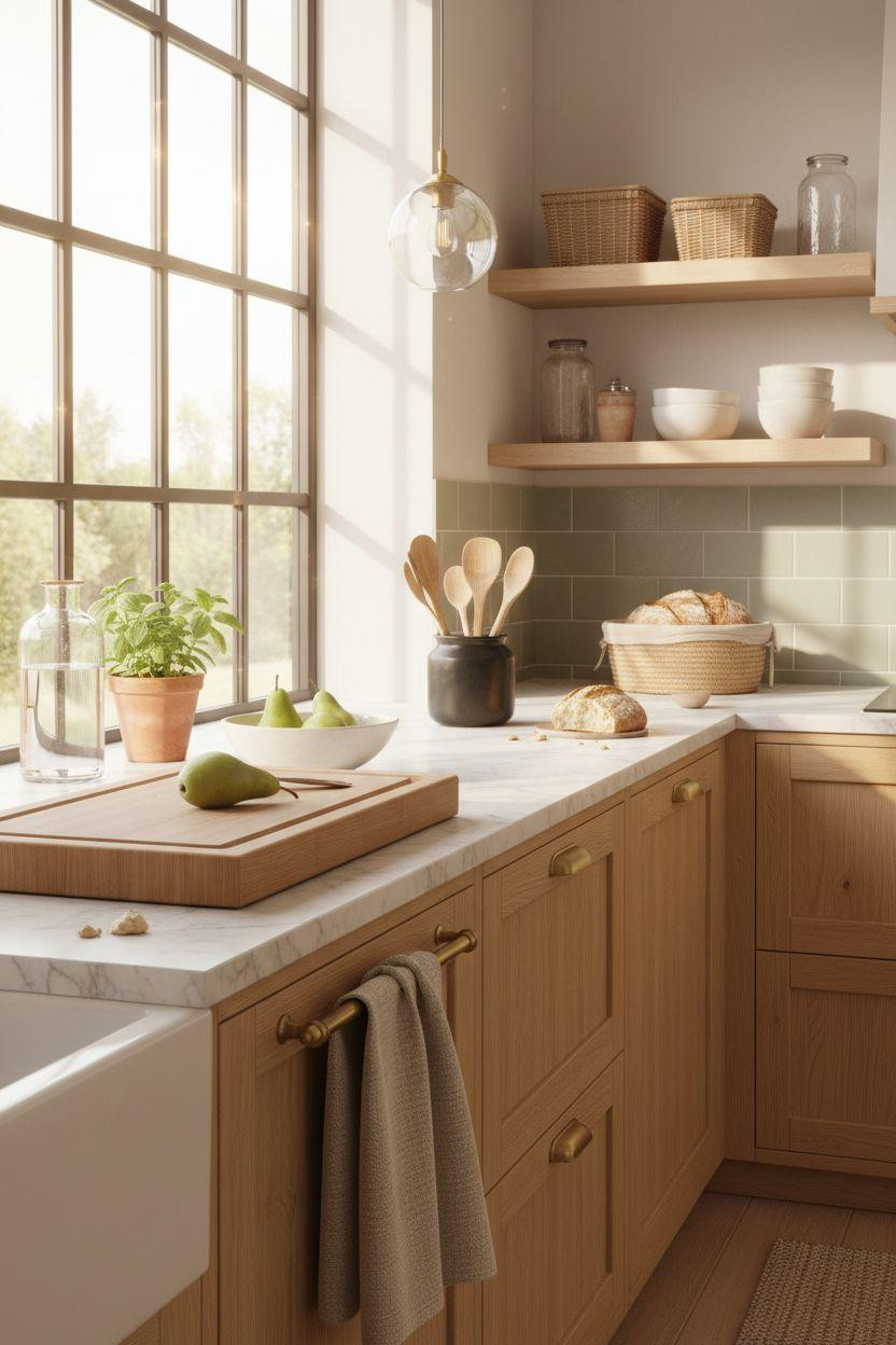 Bloxburg Kitchen Ideas - cottage kitchen with oak cabinets and marble counters