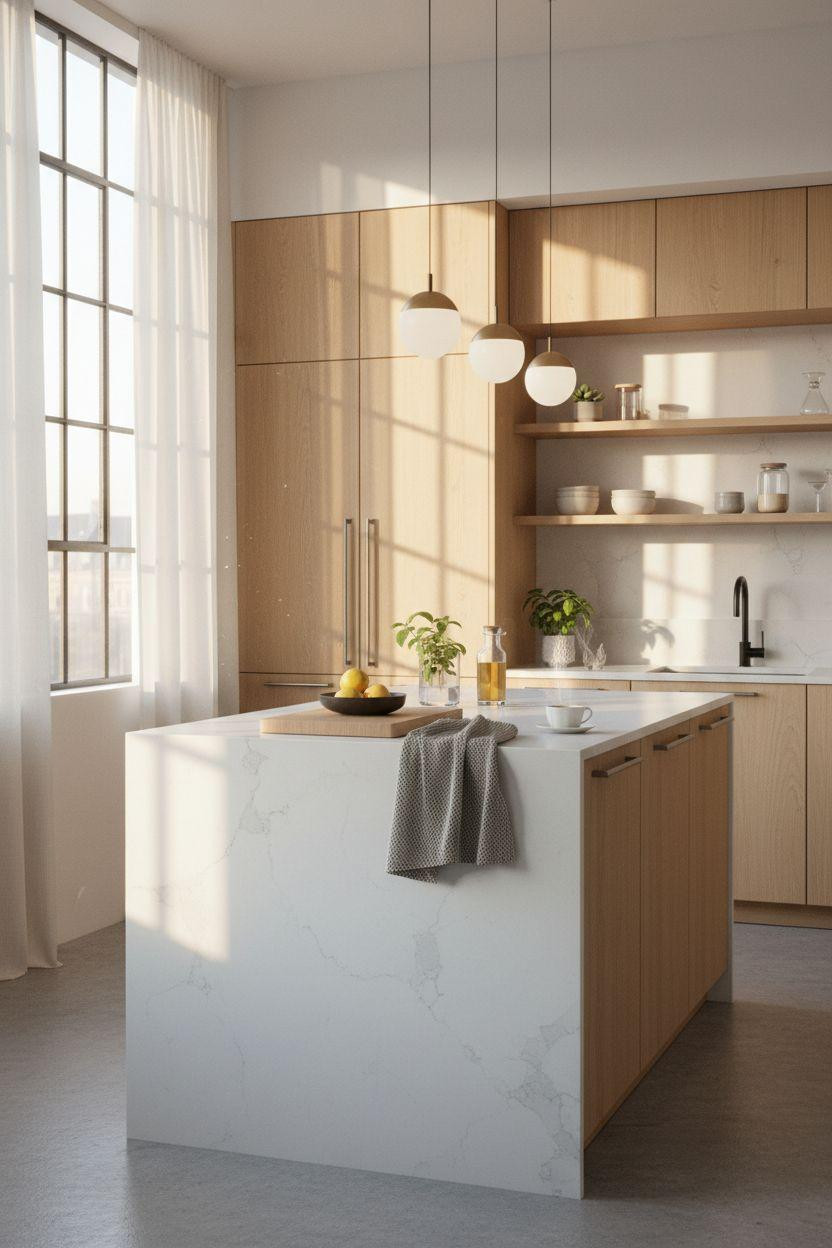 Bloxburg Kitchen Ideas - loft kitchen with waterfall island