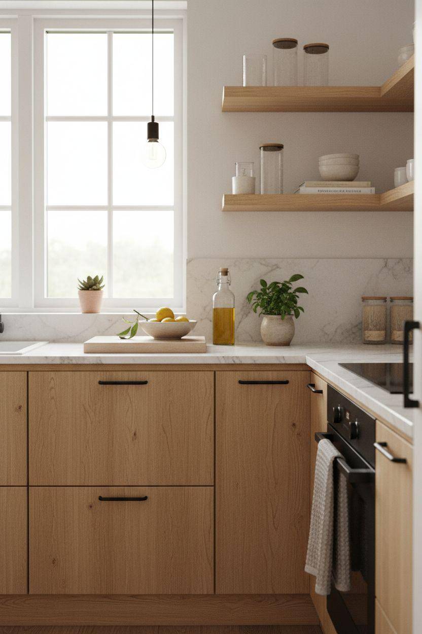 Bloxburg Kitchen Ideas - small kitchen with oak and black hardware